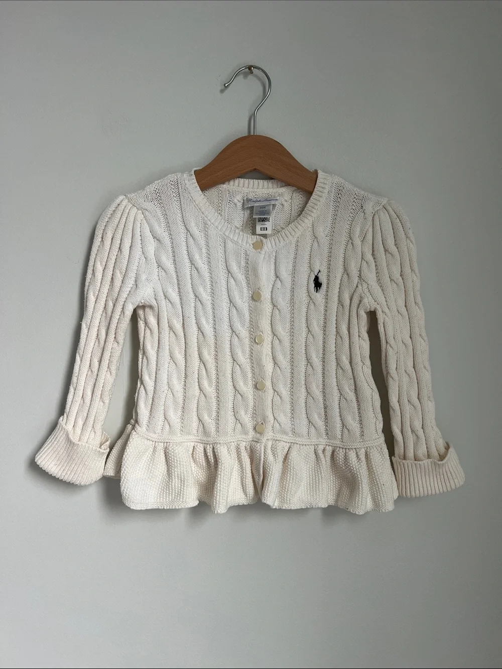 Ralph Lauren | Cream Cable-Knit Peplum Baby Cardigan Size 24 Months